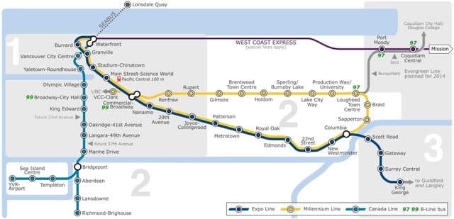 Карта станций метро Ванкувера