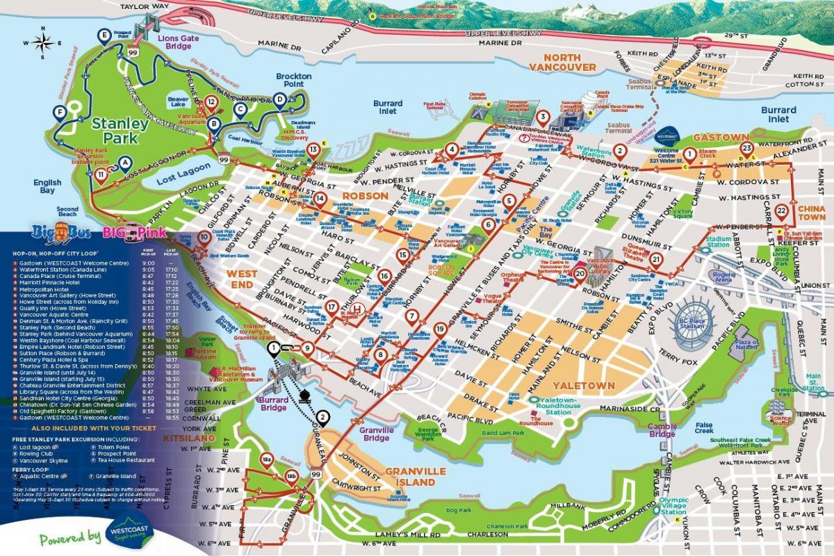 Карта автобусных туров Ванкувера Hop On Hop Off