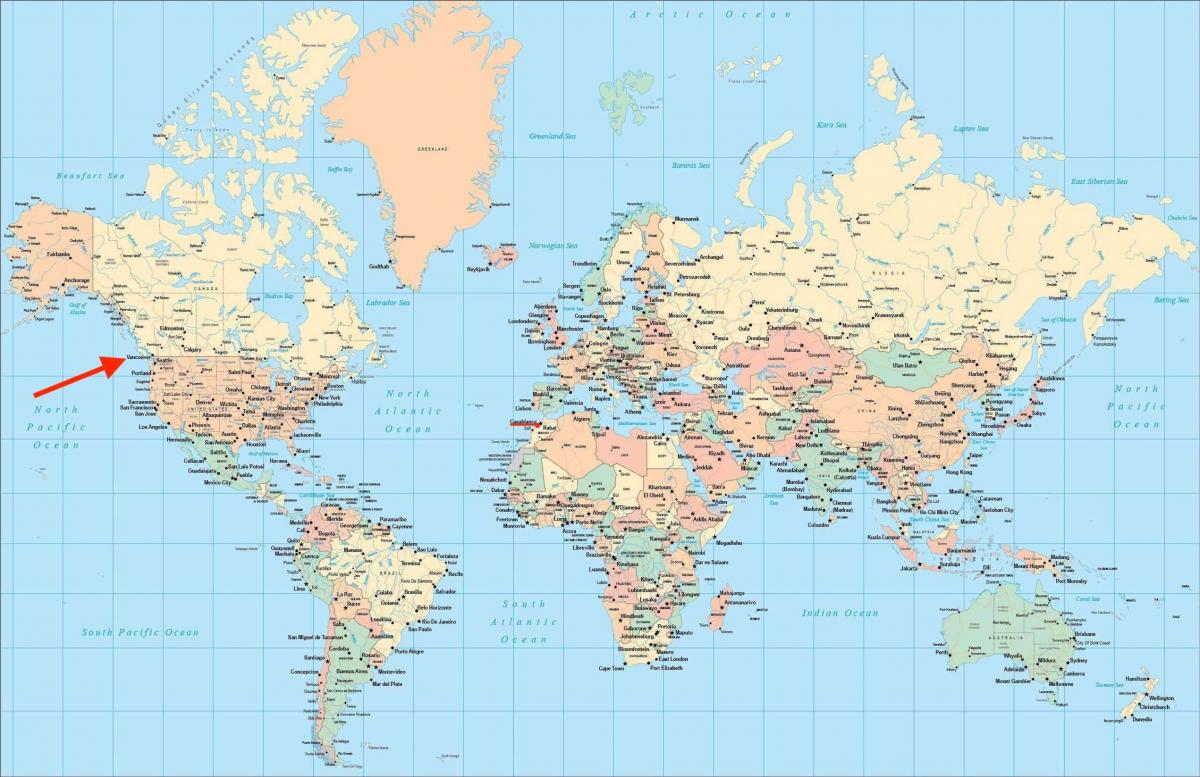 Расположение Ванкувера на карте мира
